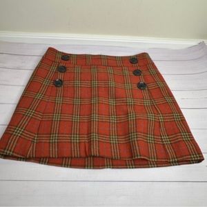 Orange wool mini skirt green plaid print